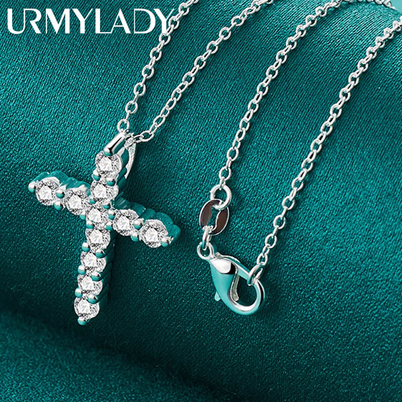 

URMYLADY 925 Sterling Silver Cross Zircon 16/18/20/22/24/26/28/30 Inch Pendant Necklace For Women Wedding Fashion Charm Jewelry