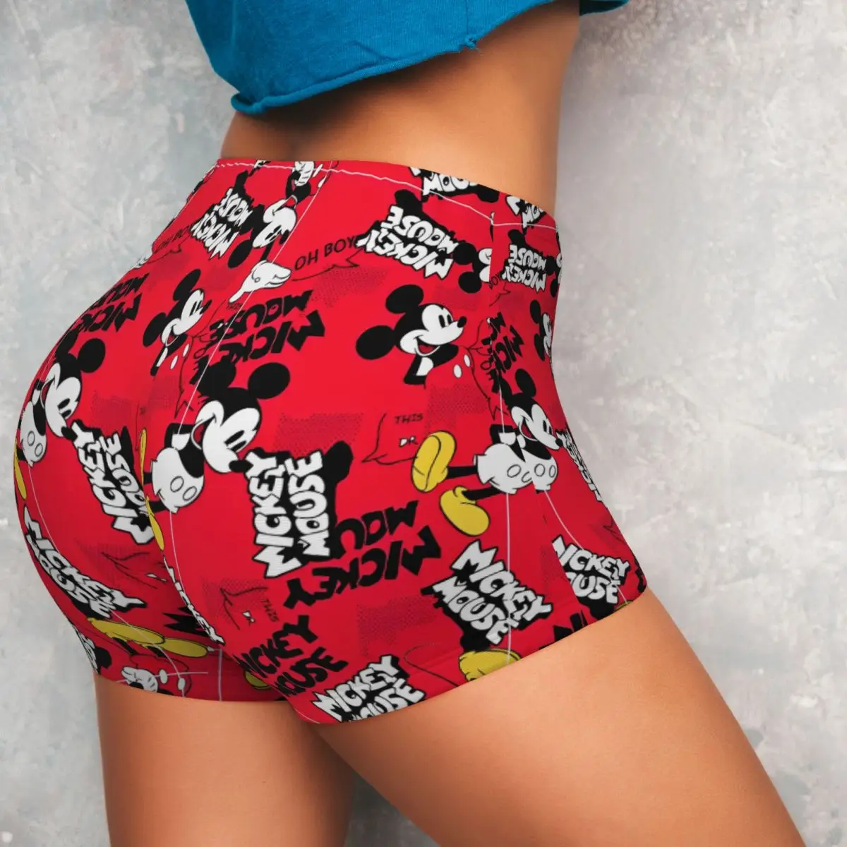 Ladies Workout Yoga Shorts Cute Cartoon  Mickey Mouse Pattern High Waist and Hip Shorts Gym Biker Running Wear