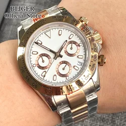 BLIGER Luxury Fashion Two Tone Rose Gold 39mm Quartz Chronograph Men Watch VK63 Movement Sapphire Crystal White Dial Reloj