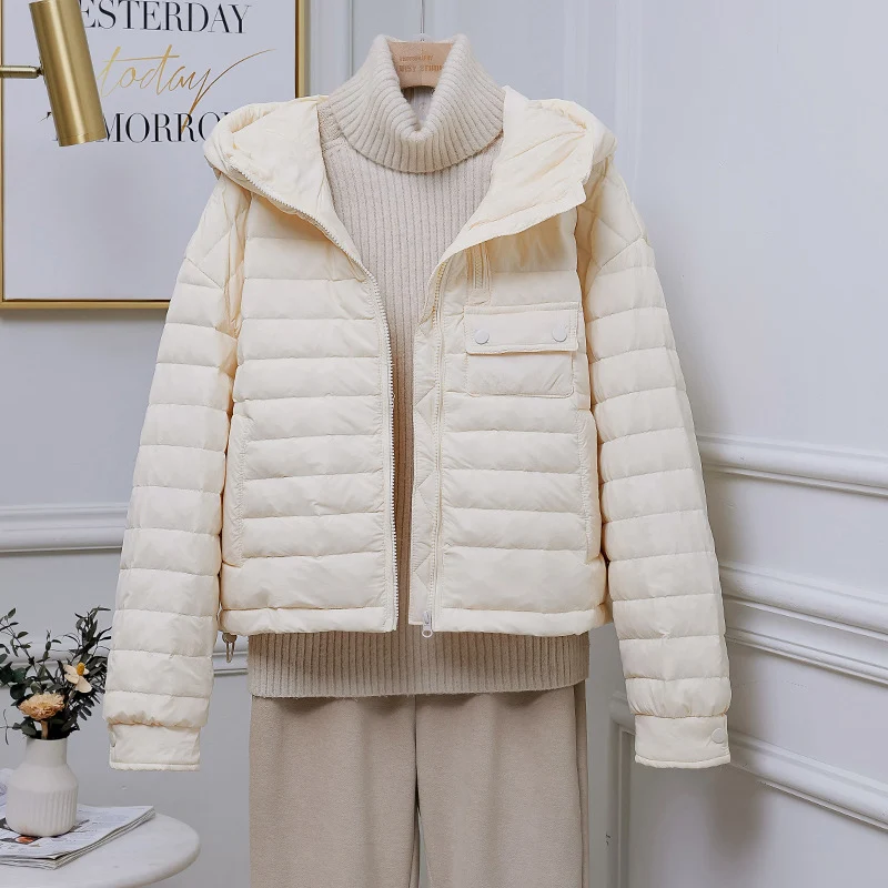 Schinteon Women Ultralight Down Jacket Casual Loose Over Size Autumn Winter Outwear White Duck Down Short Coat with Hood 2024