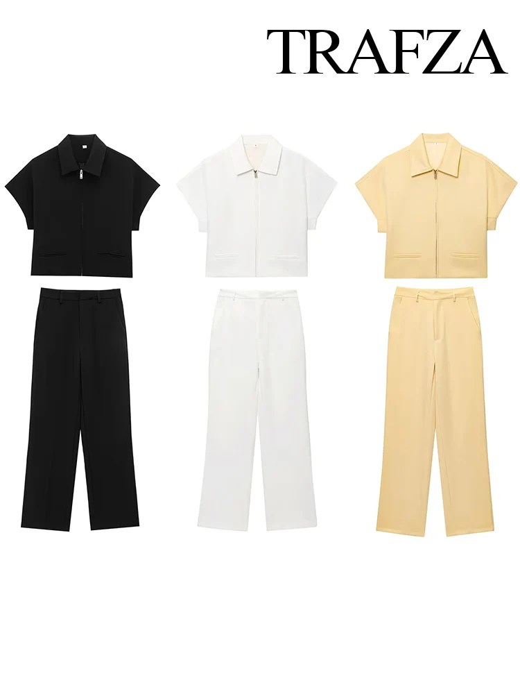 

TRAFZA Women's Solid Pants Suit Loose Short Sleeve Lapel Zipper Loose Top+Zipper High-waisted Side Pocket Wide-leg Casual Pant