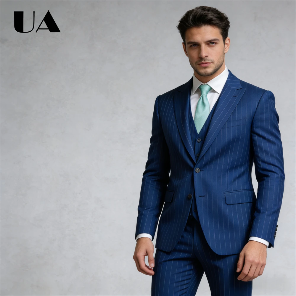 Business 3-Piece Suit Set, Navy Striped Formal Suit (Jacket Pants Vest) XXS-7XL Tuxedo Blazer Trouser Prom Suit Attire