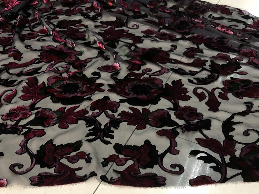 High Quality Real Silk Velvet Fashion Fabric Black Bottom Gorgeous Flowers Hollow out Designer Cheongsam Qipao Cloth