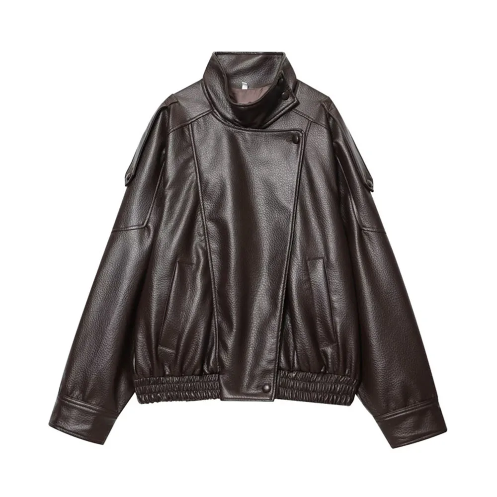 

Women’s Leather Jacket Short Classic Design Stand Collar Top Windproof Warm Coats Daily Commute Casual Style Outerwear