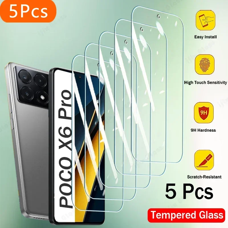 5Pcs Tempered Glass For Xiaomi POCO X6 F5 X5 M6 C65 Pro Screen Protector For POCO X6Pro F5Pro X5Pro X6 F5 Pro Cover Glass Film