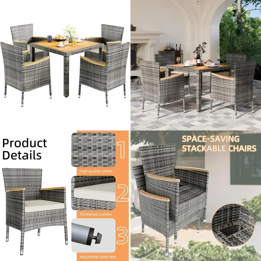 

Compact Outdoor Wicker Patio Dining Set with Wooden Table and Cushioned Chairs