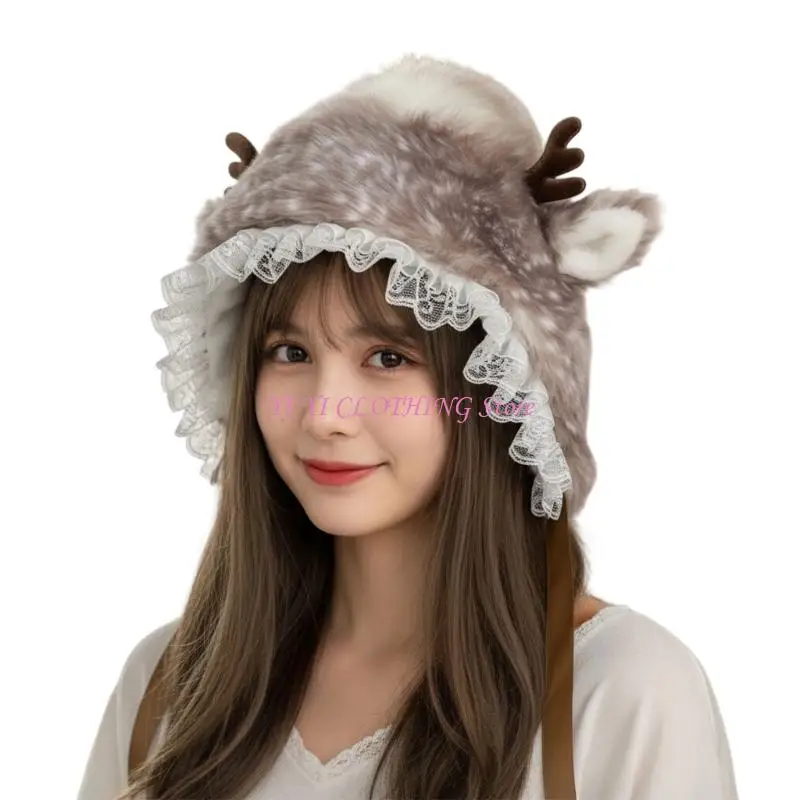 N5KF Girl Cartoon Elk Trapper Hat Thicken Furry Deer Hat for Climbing Skiing Sports Headwear Deer Oversized Hat