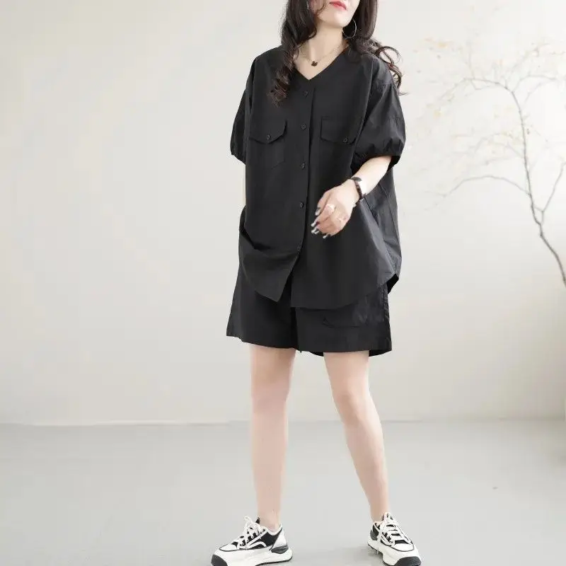Conjunto de camisa solta feminina de verão com shorts da moda