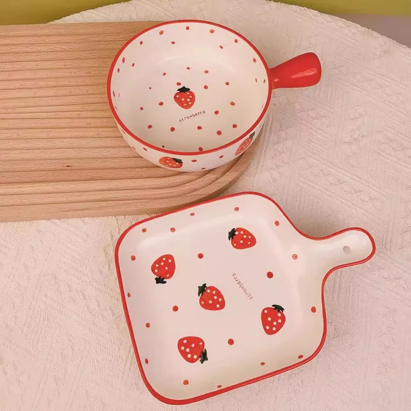 1PC Nordic Ceramic Plate with Handle Baking Tray Underglaze Colored Ceramic Noodle Bowl Fruit Salad Plate Kitchen Accessories