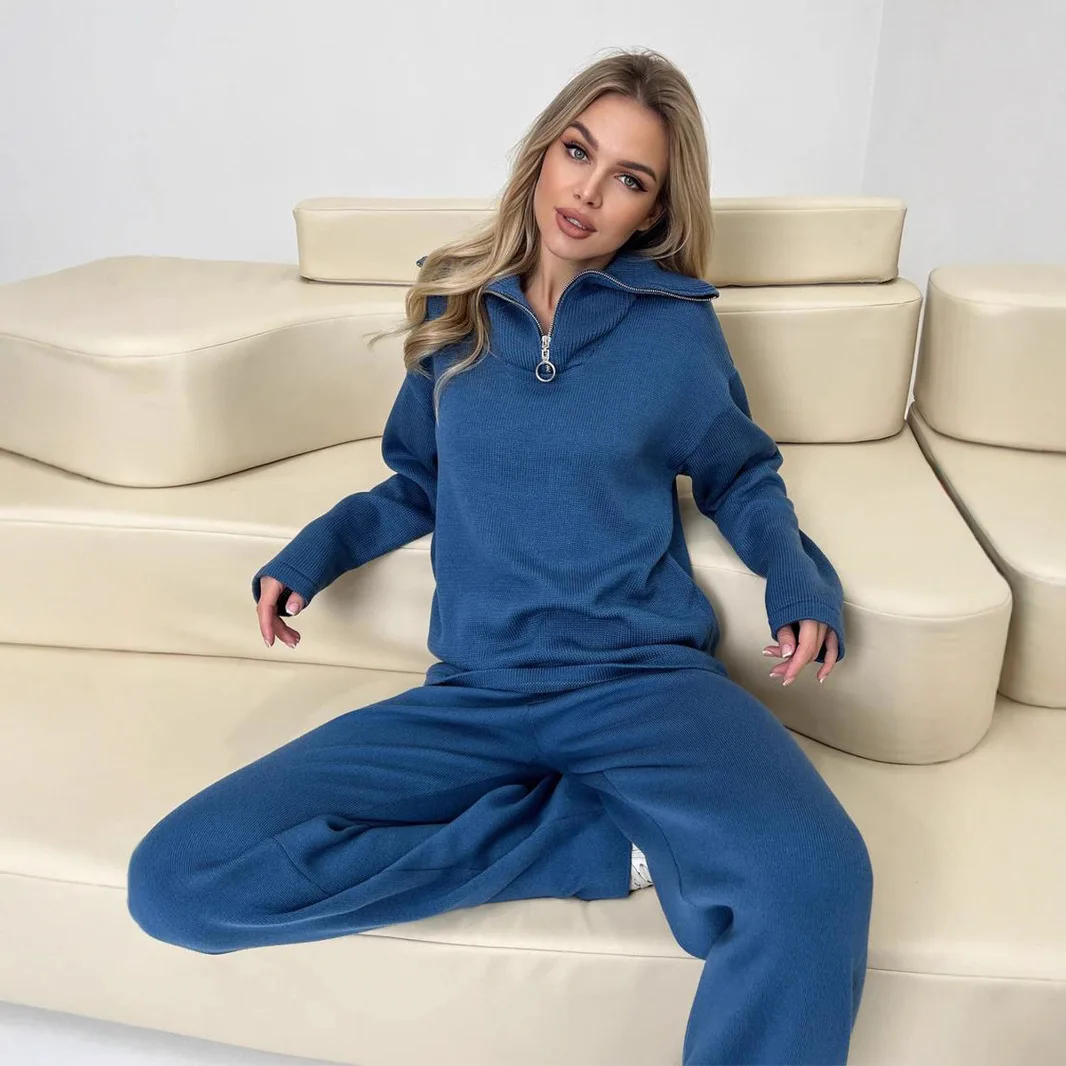 Auutmn feminino 2 peça outfir lapela gola meio zip solto pulôver feminino swetaer minimalsit cintura elástica calças de malha para senhora