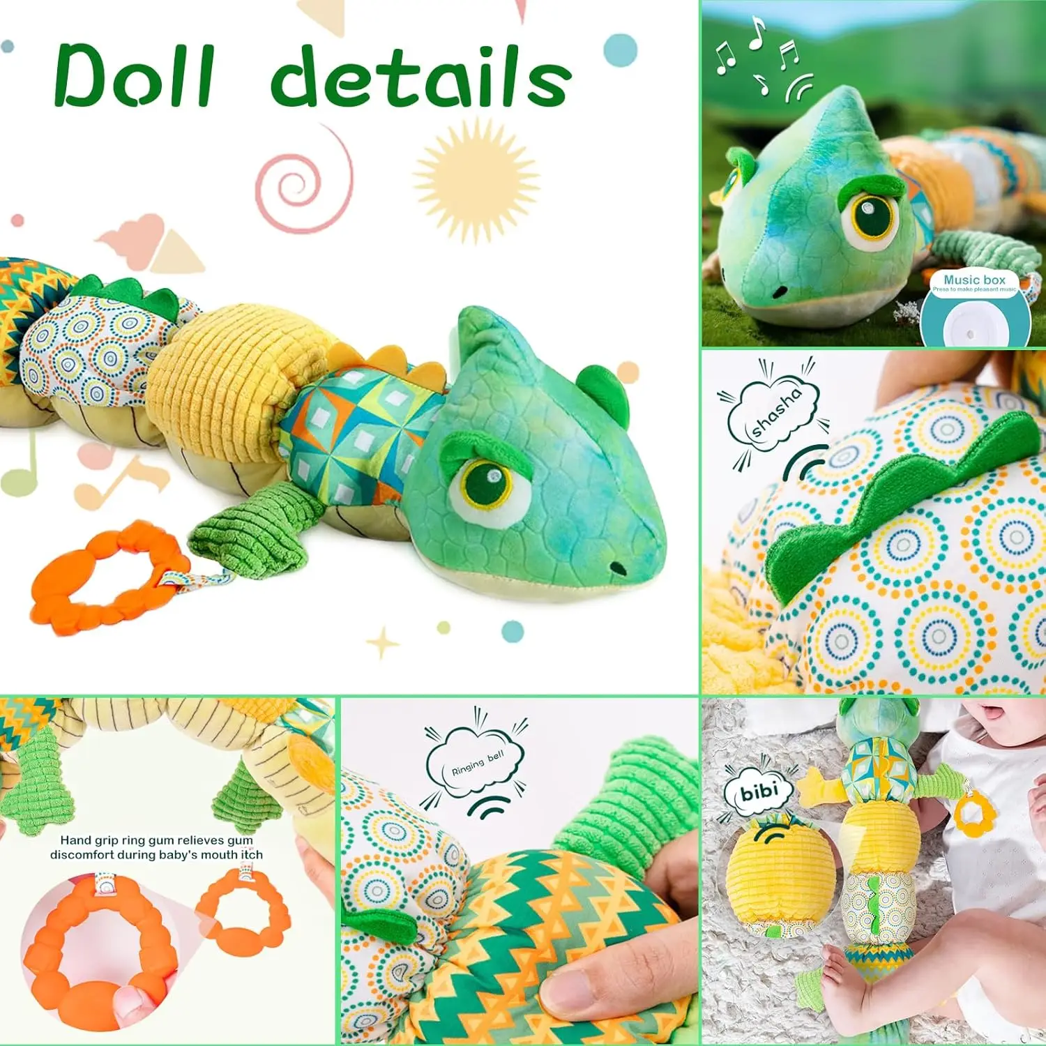 Baby Musical Stuffed Animal lizard Activity Soft Toys Multi-Sensory Crinkle Rattle and Textures Cute lizard Toys