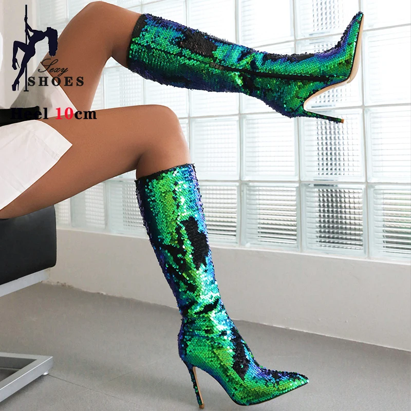 Bling Sequin Knee High Boots Women Luxury Brand Designer Stage Shoes Autumn Winter Stiletto Heels Lady Pointed Toe Glitter Boots