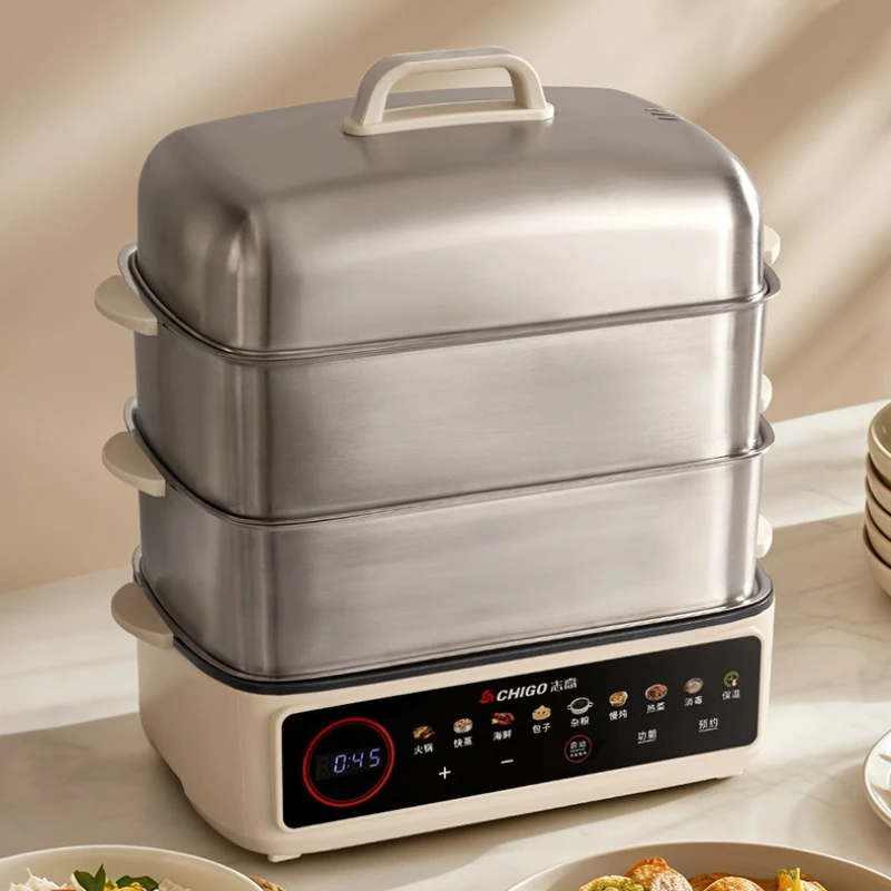 

Полностью стальная электрическая пароварка, 3-слойная многофункциональная плита для дома, умный таймер, ЖК-экран, антикоррозийная и легкая очистка