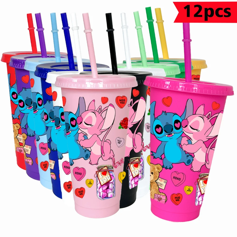 

12Pcs/pack Disney Stitch Angel 26oz Colored Plastic Tumbler Birthday Party Drinking Utensils Juice Coffee Mug