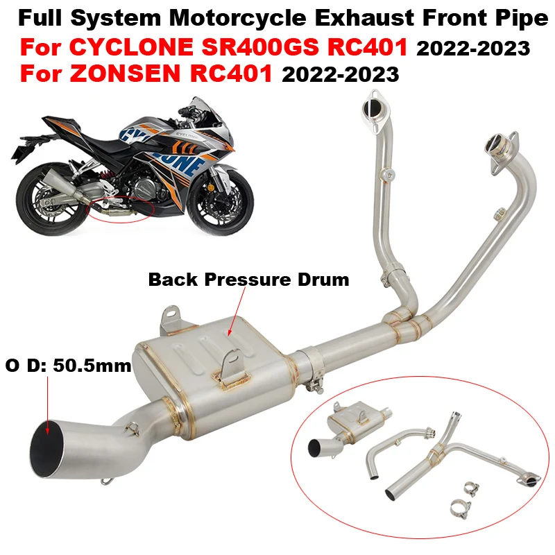 

Motorcycle Exhaust System Front Link Pipe With Back Pressure Drum Slip On For CYCLONE SR400GS RC401 For ZONSEN RC401 2022 2023