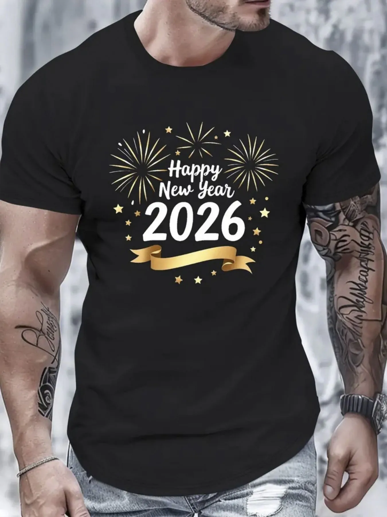 

Happy New Year 2026 Graphic Tee Men's Printed T-Shirt with Golden Fireworks Design Casual Crew Neck Top for Celebratory Style