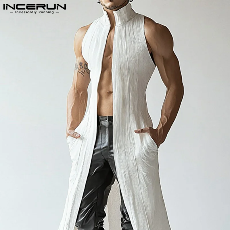 INCERUN Tops 2025 American Style Fashion Men Deconstruction Texture Long-style Cardigan Vests Casual Streetwear Solid Tank Tops