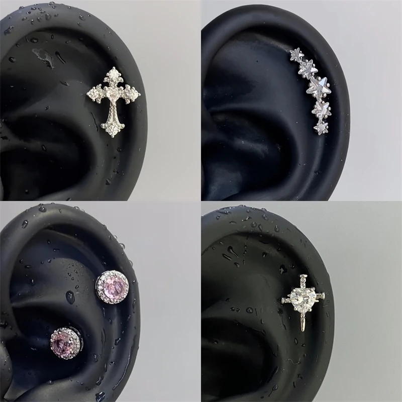 1pcs Quality Shiny Cross Zircon 316L Stainless Steel Ear Bone Nail Y2K Style Silver Color Earring for Women Cochlear Accessories