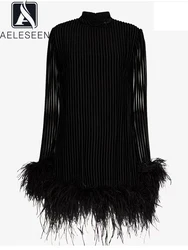 AELESEEN Fashion Designer Mini Velvet Dress For Women Spring Autumn Turtleneck Long Sleeve Feathers Belt Strip Green Black