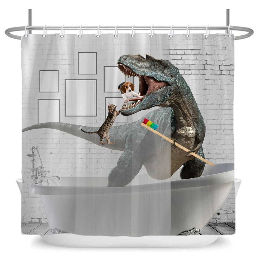 Funny Cute Cartoon Bathing Cat Dog Shower Curtains Bathroom Bathtub Decoration Waterproof Bath Curtain Home Decor with Hooks