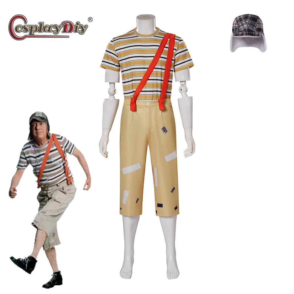 

Cosplaydiy Mexican TV Play El Chavo Del Ocho Costume Men Stripe T Shirt Pants with Hat Full Set for Male Adult Halloween Outfits