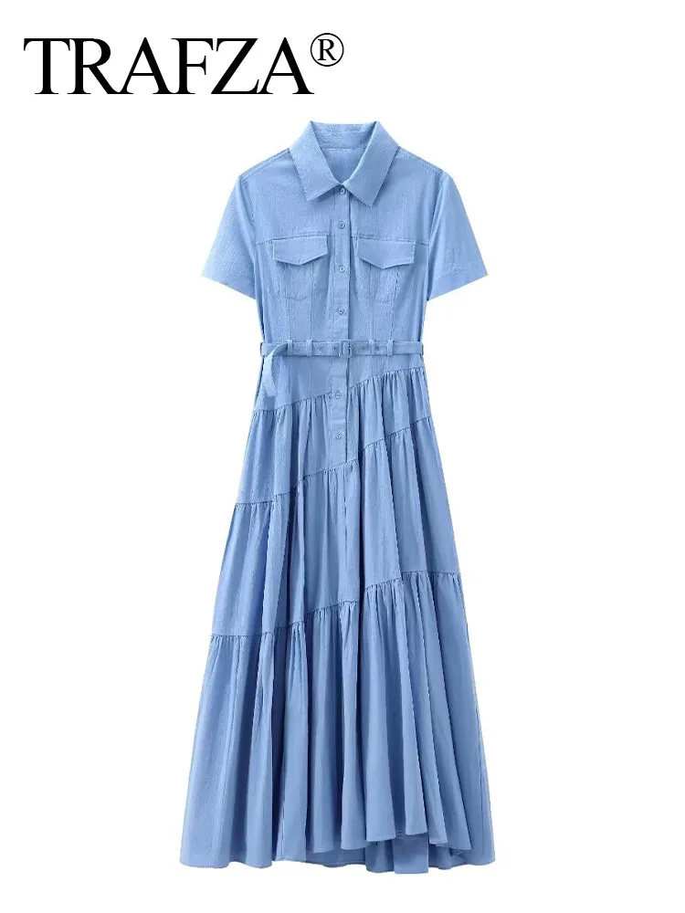 TRAFZA 2024 Summer Fashion Women Blue Solid Folds With Belt Long Dresses Woman Short Sleeves Casual Loose Vestidos Beach Holiday