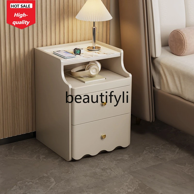 Cream Style Smart Bedside Table Storage Box Home Bedroom High-end Modern Simple Bedside Storage Cabinet