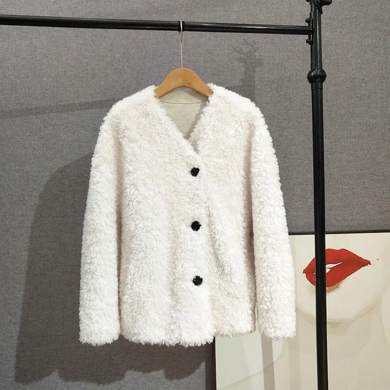 2025ฤดูหนาวใหม่มาถึงแกะShearling Fur-Trimmed Coatผู้หญิงBatwingแขนVคอเสื้อหนังเทียมJT514