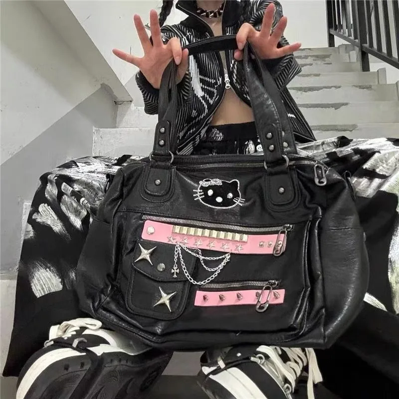 Xiuya Y2k Shoulder Bag for Women Cute Hello Kitty Gothic Chains Rivets Vintage Tote Bag Punk Large Capacity Female New Handbag