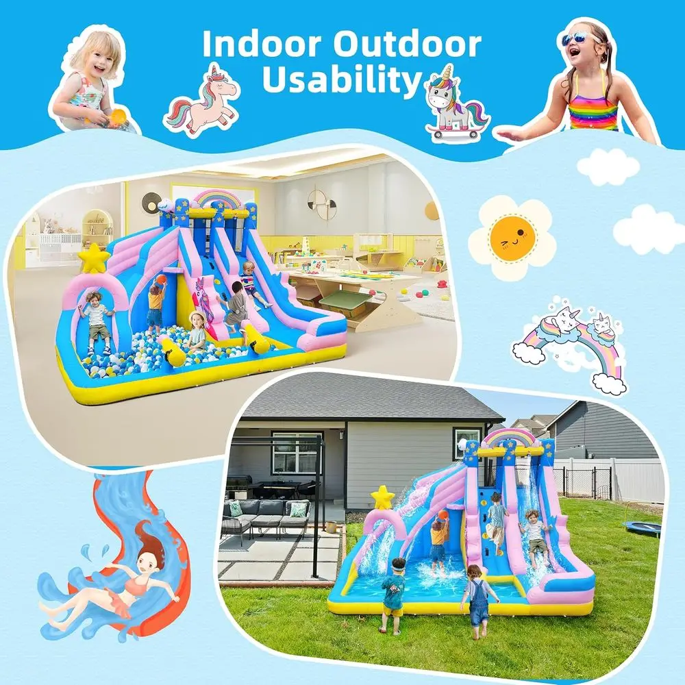 منزلق مائي Iatable: 6 في 1 Bounce House Water Park للأطفال - حوض سباحة للتسلق على الحائط 2 مدفع مائي 2 حافة كرة السلة -