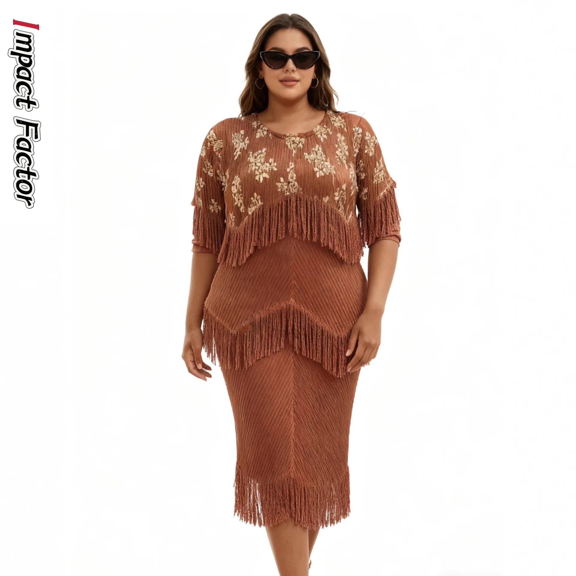 

Miyake New Nail Bead Sequin Fringe Crew Neck Long-sleeved Dress for Autumn 2025 Fashionable and Loose Women's Mid-length Dress