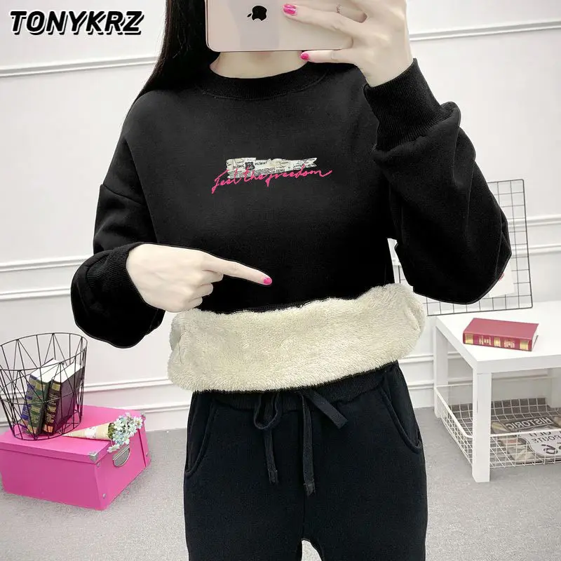 Lamb Fleece Hoodie Women's New Korean Version Loose and Versatile Western Style Long Sleeved Round Neck Top