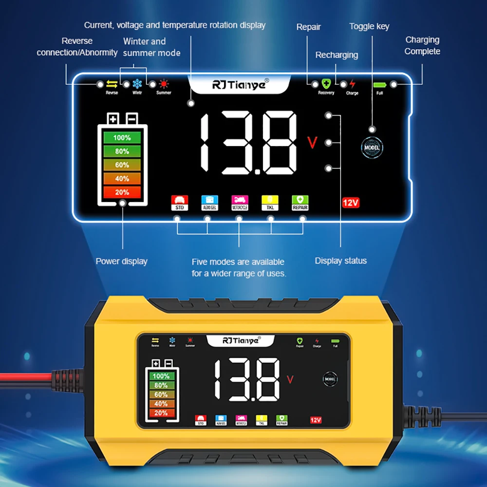 

12V 6A EU Plug Automatic Car Battery Charger Pulse Repair LCD Battery Charger for Auto Moto Lead Acid Battery Smart Charging