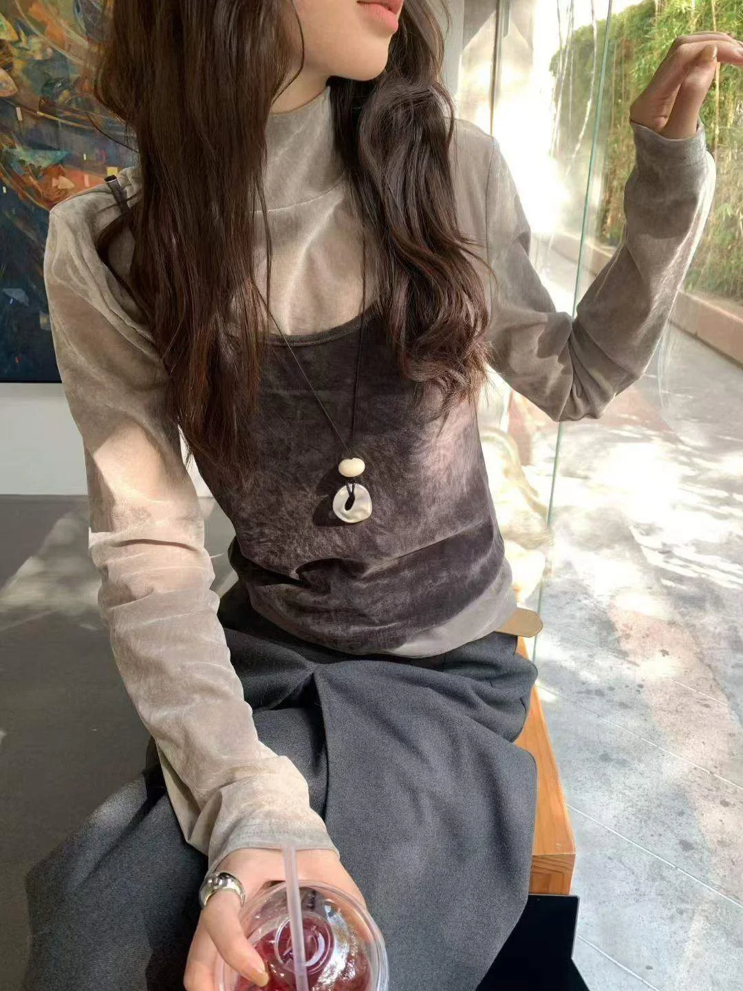 

Spring 2026 Velvet High Ne Base irt Women's Faion Slimming Top with Strap Two-Piece Set Korean Sle Casual Wear