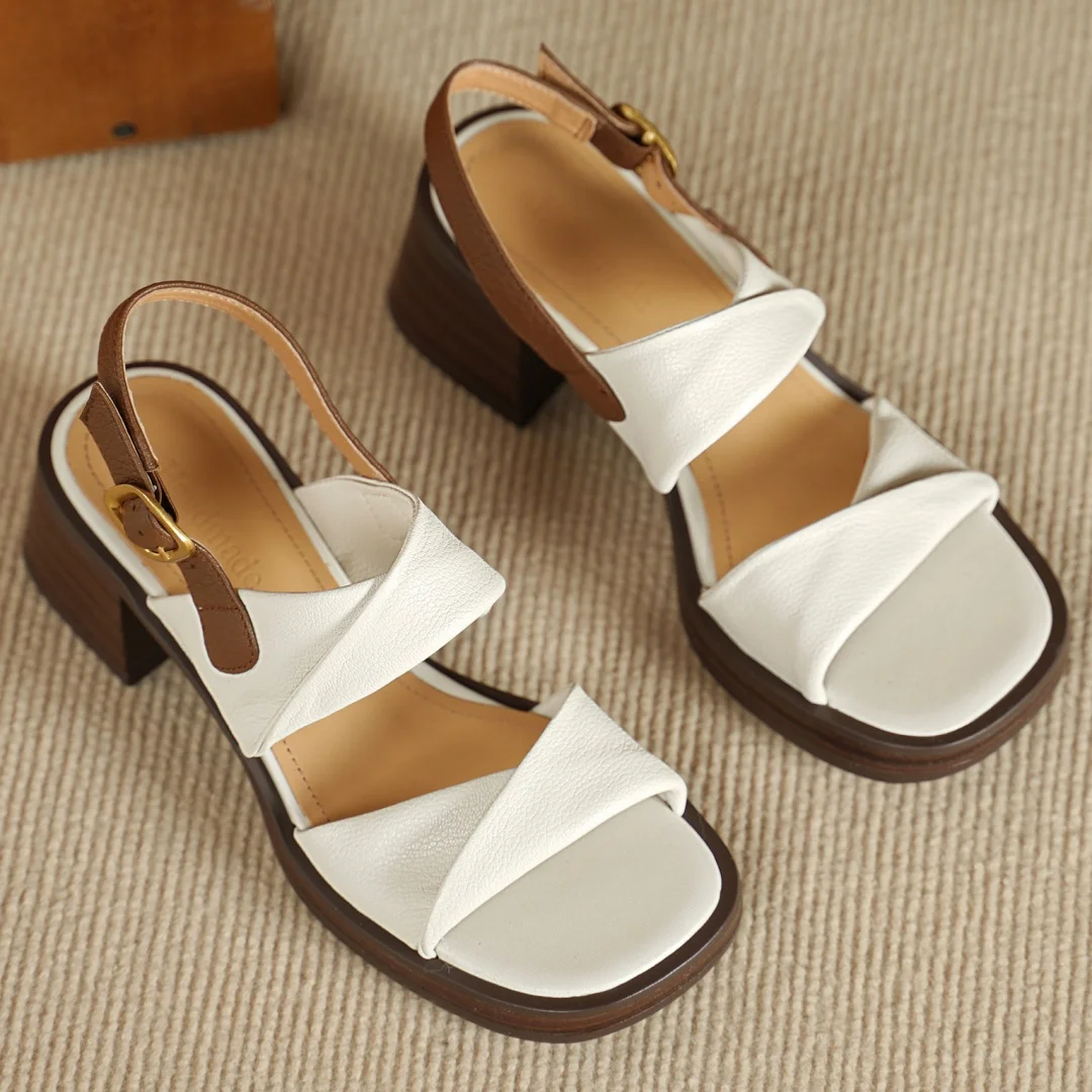 Women's genuine leather narrow band fold mix color patchwork open toe sandals 6cm chunky heel platform female OL summer shoes - Image 2