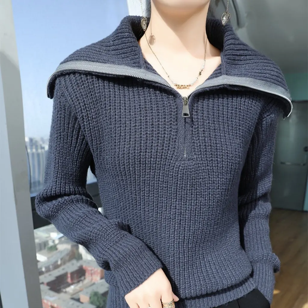 

Women's Autumn Winter Thick Long Sleeve Sweater High Collar Half Zipper Loose Design Top for Casual Wear