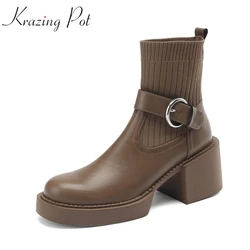 Kkrazing Pot maglieria in pelle di mucca punta tonda tacchi alti stivali moda invernale Slip On fibbia in metallo splendidi stivaletti Ins