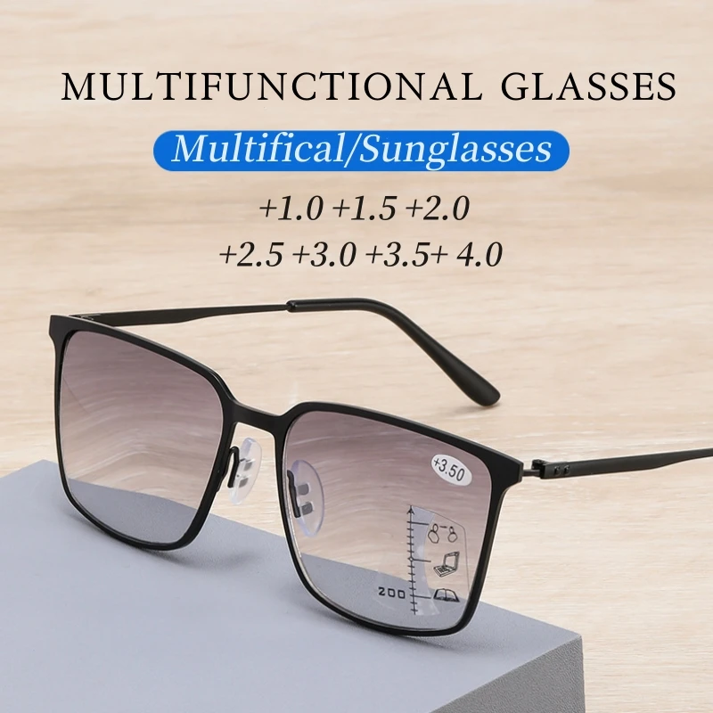 Progressive Multifocal Reading Glasses Vintage Square Multifunctional Near Far Sight Diopter Eyewear Unisex Sun Shade Eyeglasses