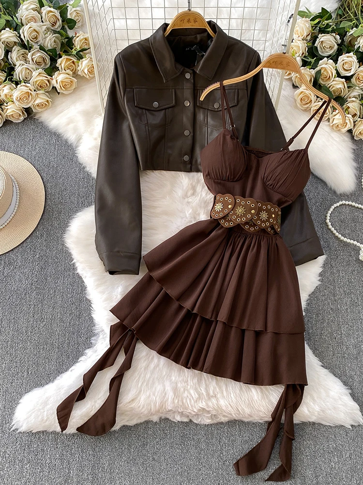 Brown PU leather jacket cool and spicy girl motorcycle short jacket and retro lace-up waist cincined cake skirt set