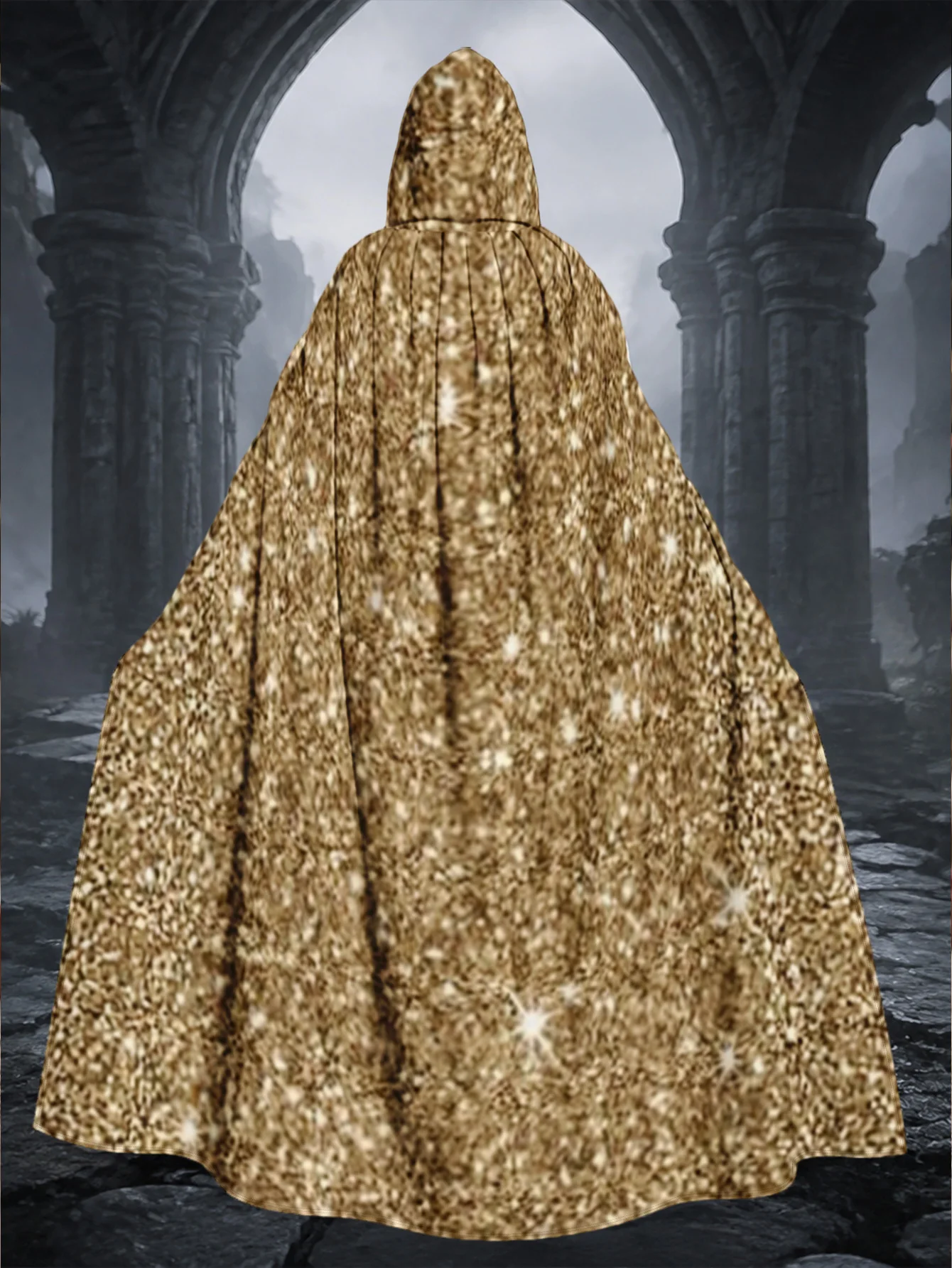Customization 1pc, Polyester Costume Cape With Golden Leopard Pattern, Adult Hooded Robe For Halloween Masquerade And Christmas