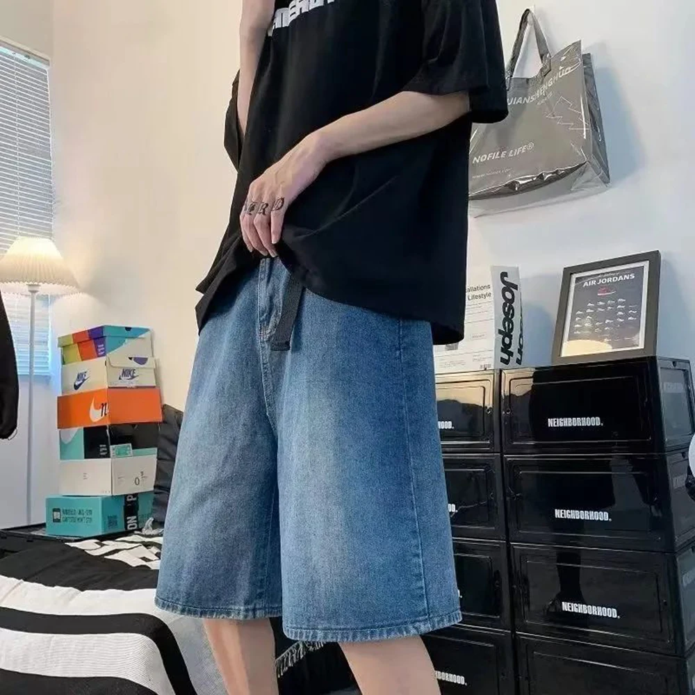 Pantalones vaqueros informales deportivos Y2k para hombre, Vaqueros holgados de 5 puntos con cinturón Unisex, a la moda, primavera y verano, novedad