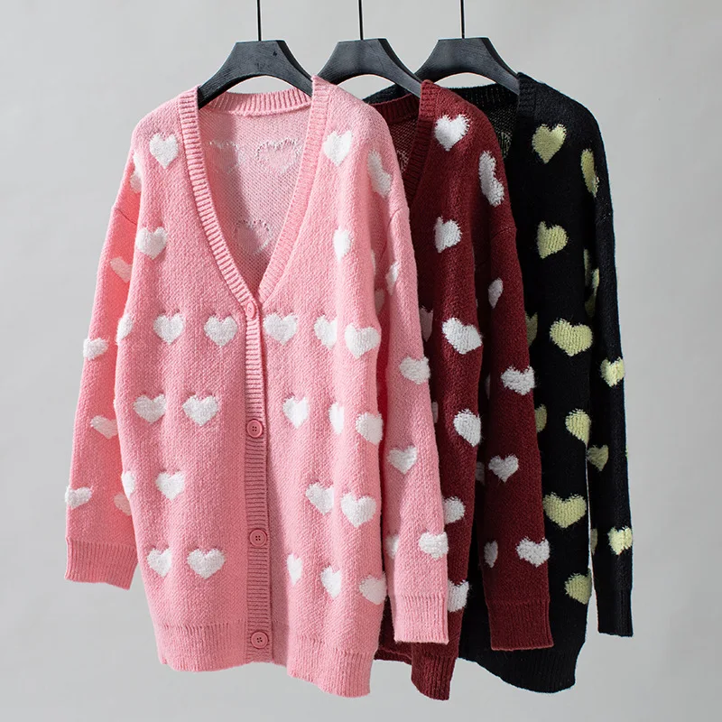 

Autumn Winter Knitted V-neck Heart Jacquard Long Cardigan Sweaters For Women 2025 Long Sleeve Knitted Cardigan Coats