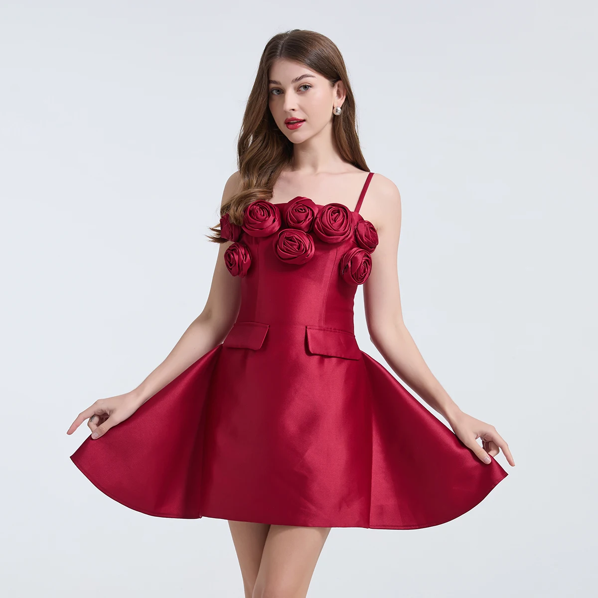 Robe d'été amincissante à fleurs tridimensionnelles, Design français, fait à la main, bretelles élégantes, jupe trapèze, mi-longue, industrie lourde