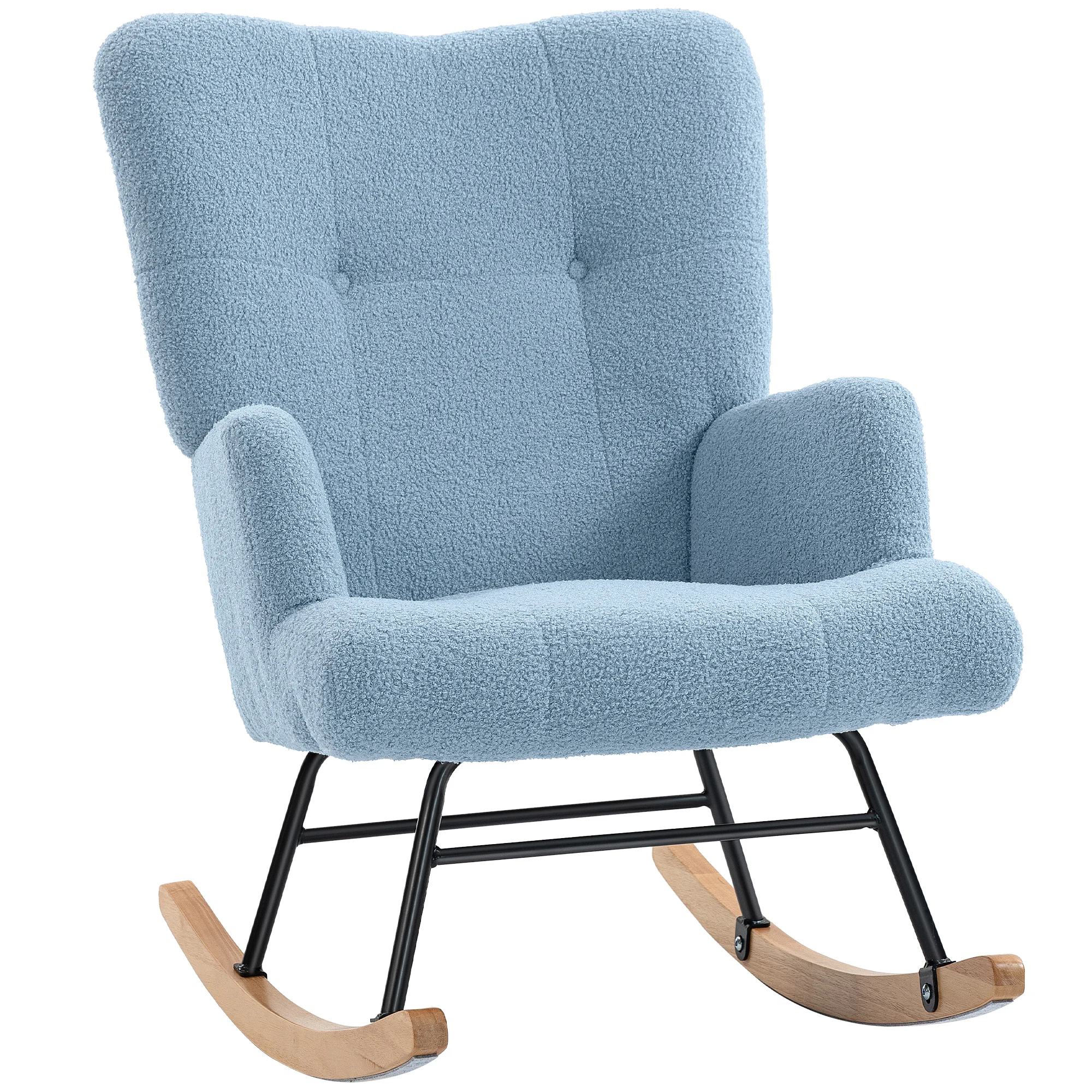 HOMCOM Silla Mecedora de Terciopelo de Teddy con Respaldo Alto Patas de Madera de Caucho Reposabrazos Azul Claro