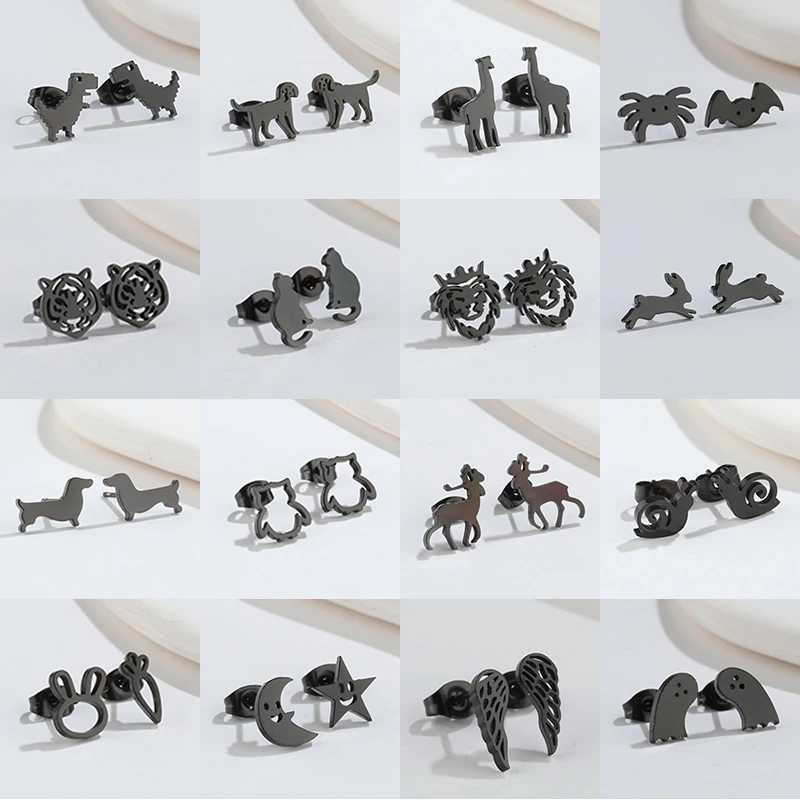 Minimalist Animal Earrings Black Stainless Steel Dinosaur Rabbit Lion Ear Studs for Women Snail Earing Piercing Punk Gifts