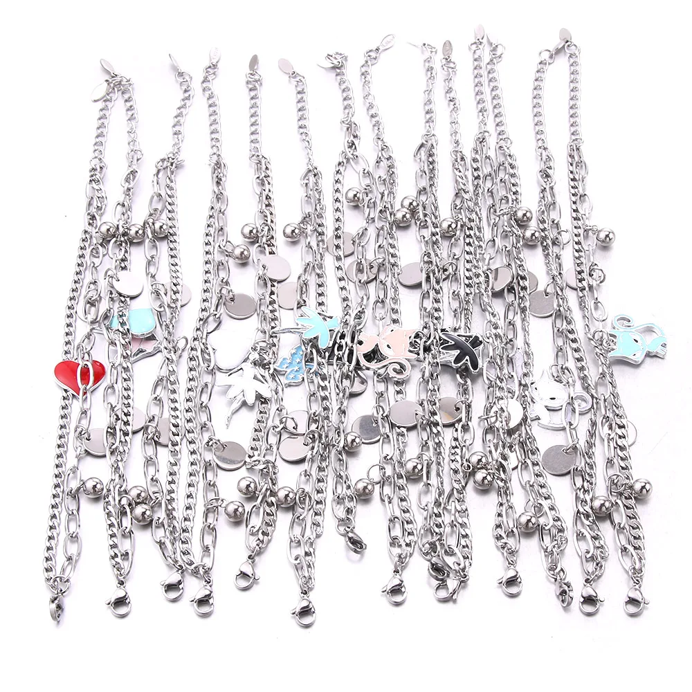 6Pcs/Lot Mixed Stainless Steel Women's Charm Bracelet 18cm+5cm Adjustable Bracelet Pearl Accessories Fashion Jewelry Gift