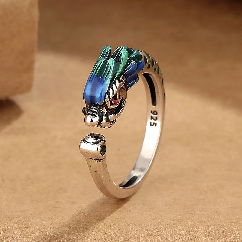 2024 Zodiac Dragon Ring For Men Jewelry Trendy 925 Silver Ring Cloisonne Enamel Phoenix Pattern Couple Anniversary Accessories