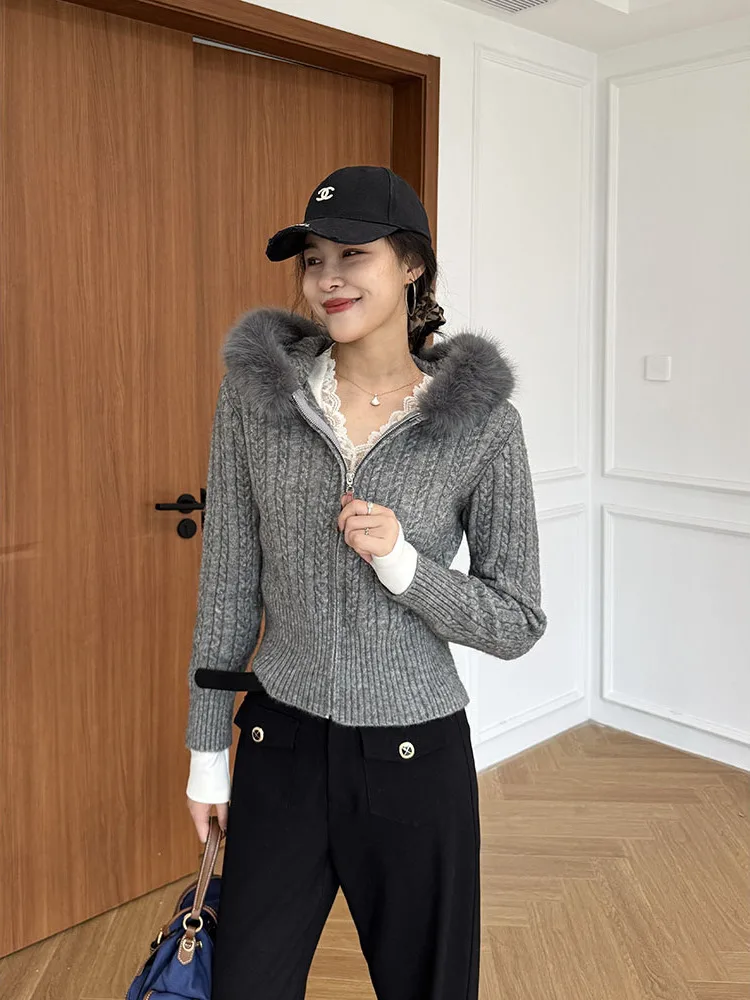

Вязаный жакет Zhang a Xing Fair Isle Advanced с большим меховым воротником, в корейском стиле, с завязками на талии, приталенный, свободного кроя