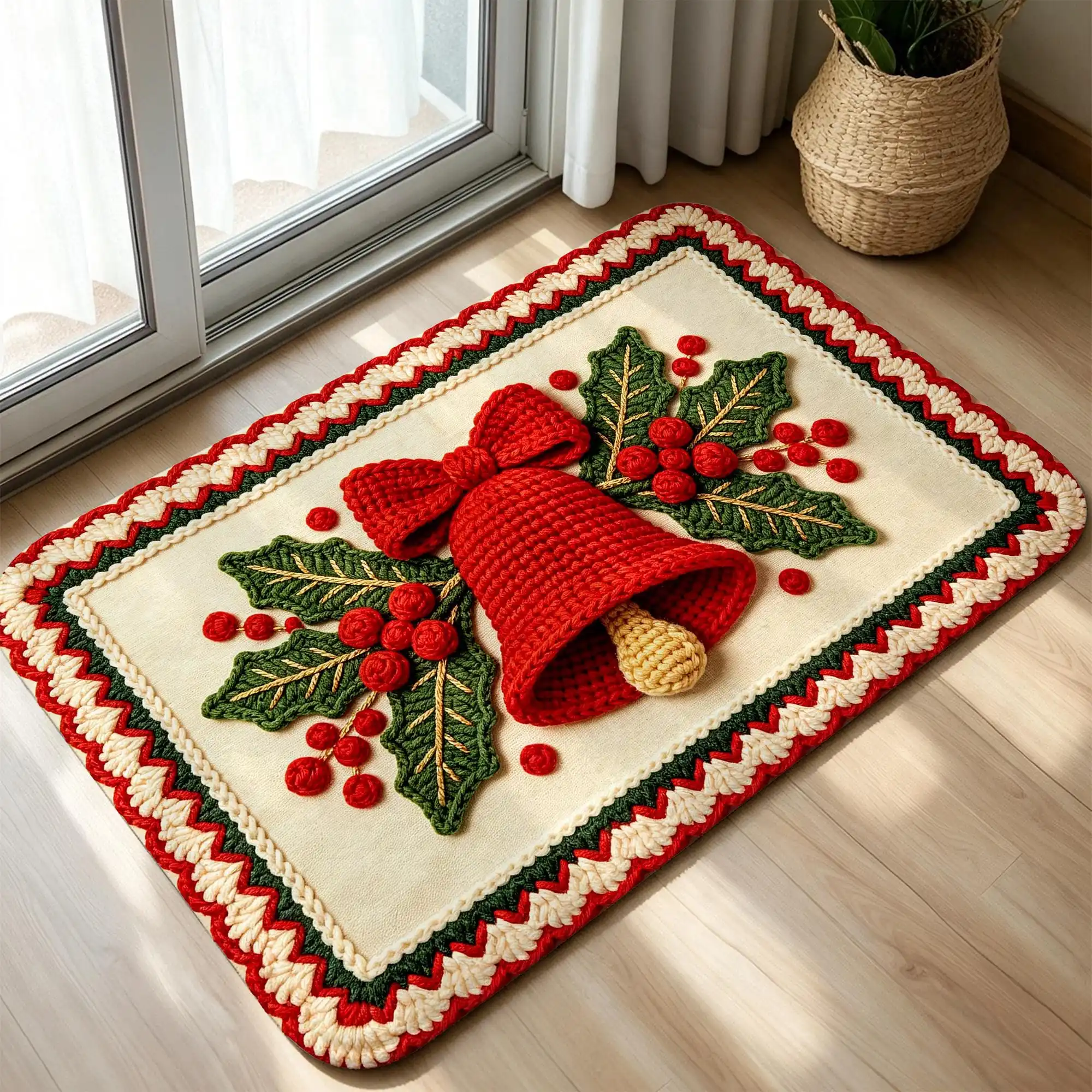 Christmas Bell Welcome Rug Knit pattern Doormat Holly Berry Area Rug Winter Floor Mat Kitchen Porch Entryway Apartment mat