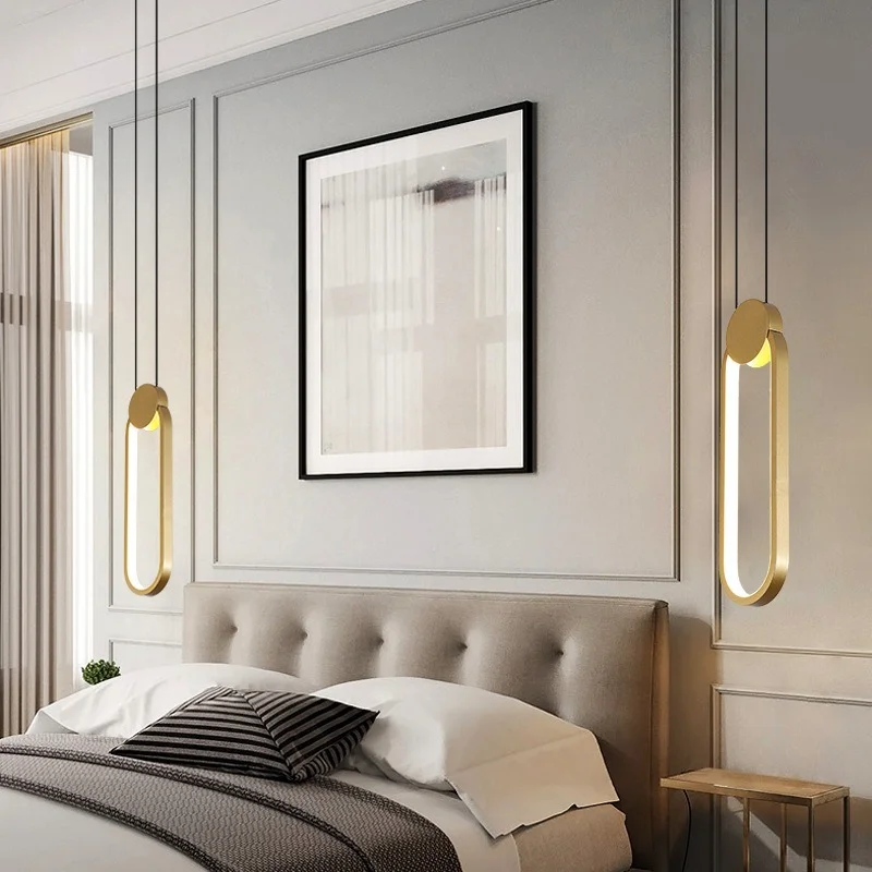 Nordic LED Pendant Light Bedside Long Modern Chandelier Bedroom Gold Brass Pendant Lamp Three-Color Dimming Decor Light Fixtures